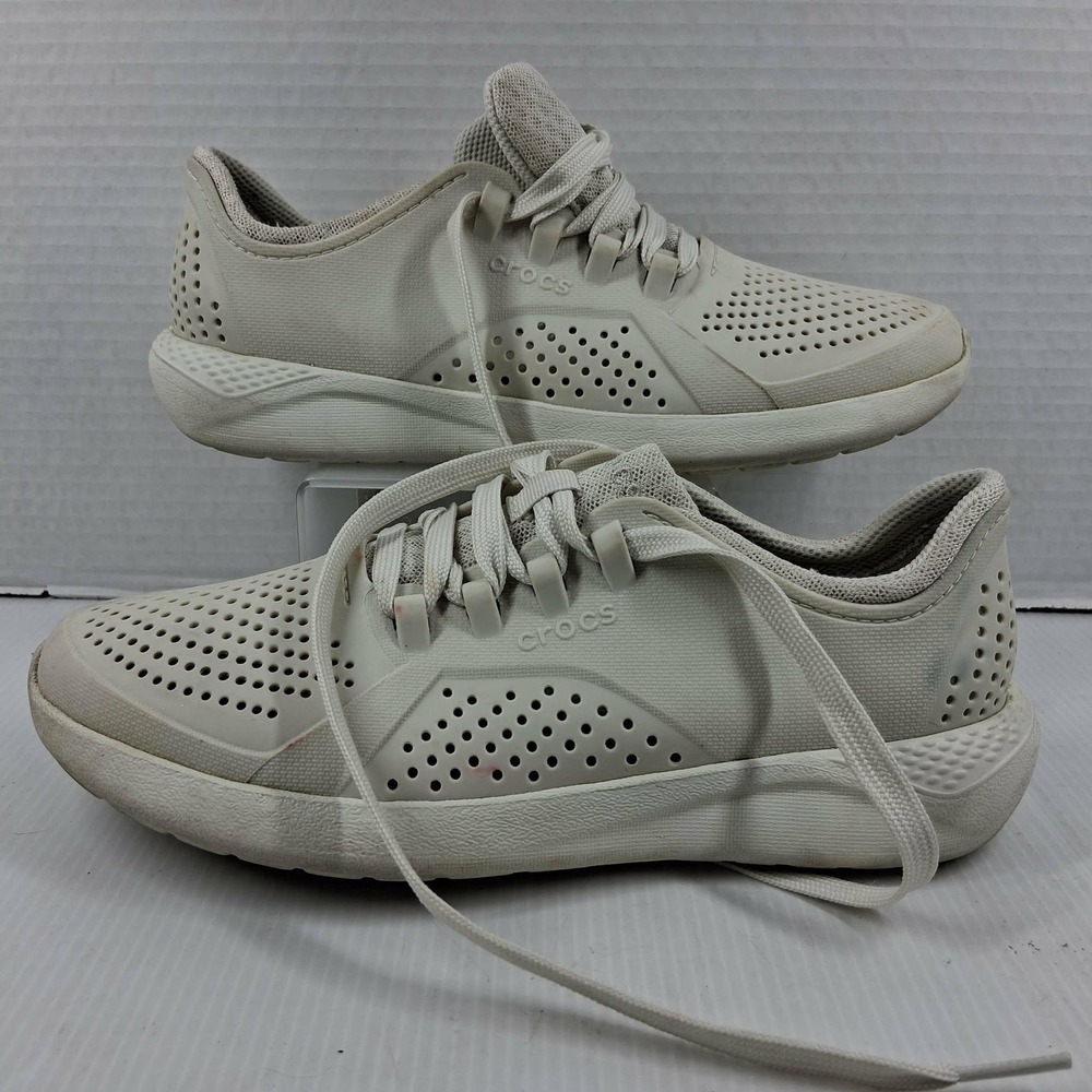 Crocs LiteRide Pacer Sneakers Womens 7 White Stucco Lace Up Shoes 205234